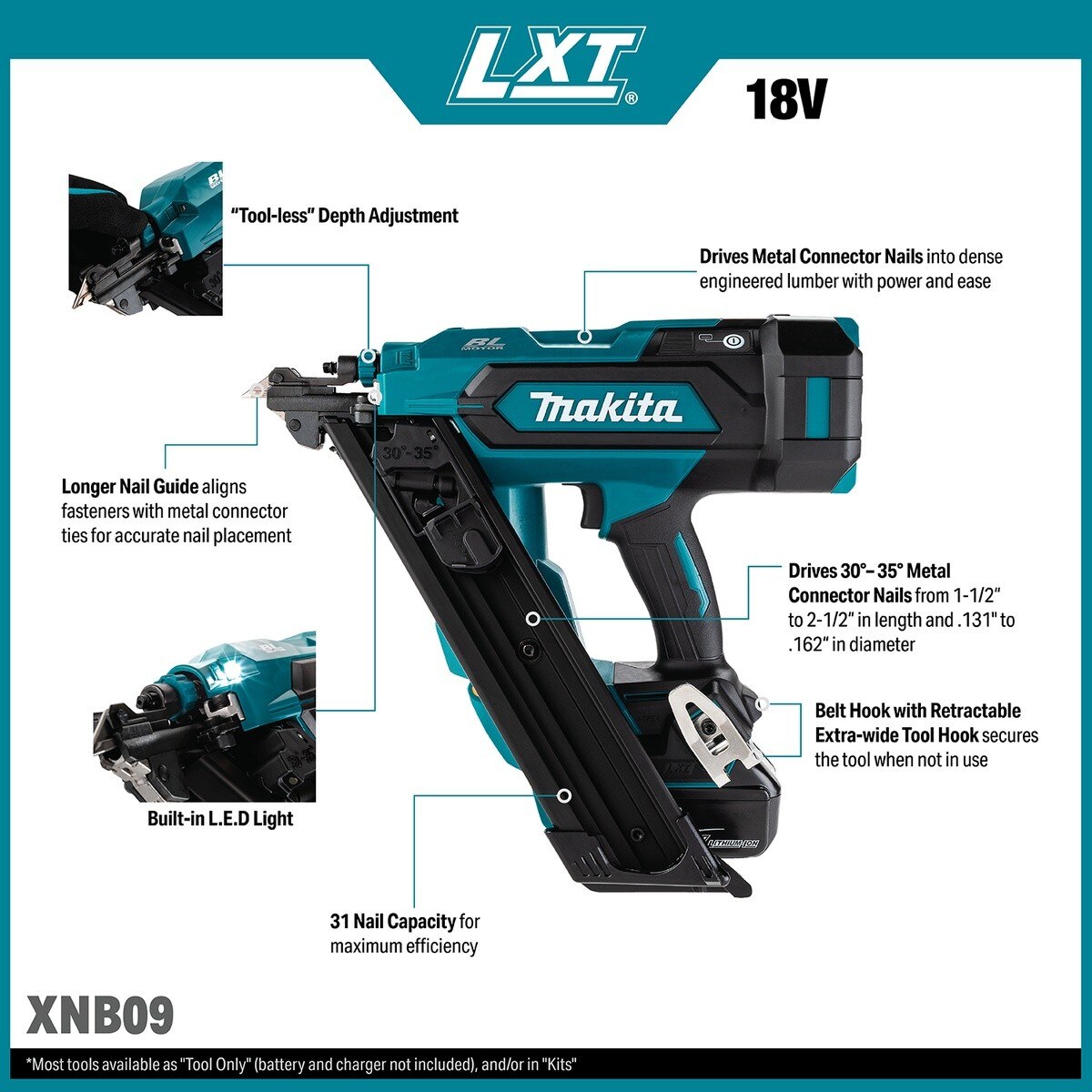 Makita XNB09Z 18V Brushless Cordless 2-1-2" Positive Placement Metal Connector Nailer Tool Only - 2
