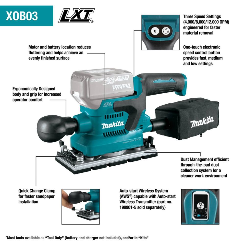 Makita XOB03Z 18V LXT Lithium-Ion Brushless Cordless 1/3 Sheet Finishing Sander, AWS Capable (Tool Only) - 2