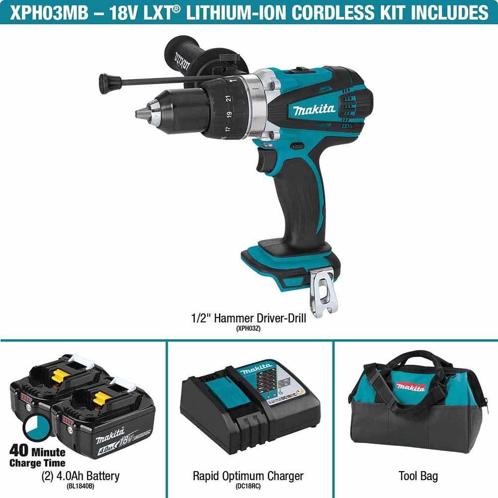 Makita XPH03MB 18V LXT Cordless 1/2" Hammer Driver-Drill Kit 4.0Ah - 3