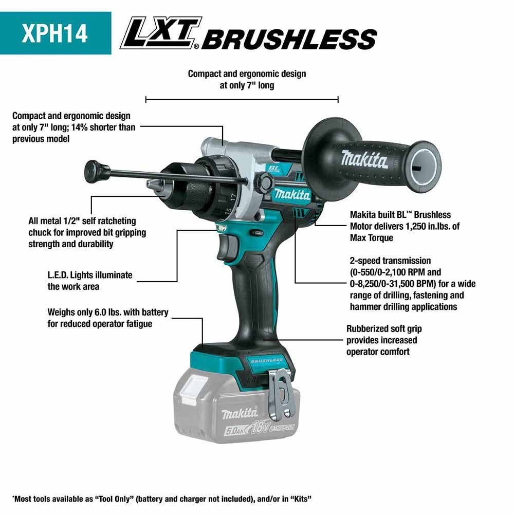 Makita XPH14T 18V LXT Lithium-Ion Brushless Cordless 1/2" Hammer Driver-Drill Kit, 2-speed, var. speed., L.E.D. Light, bag (5.0Ah) - 2