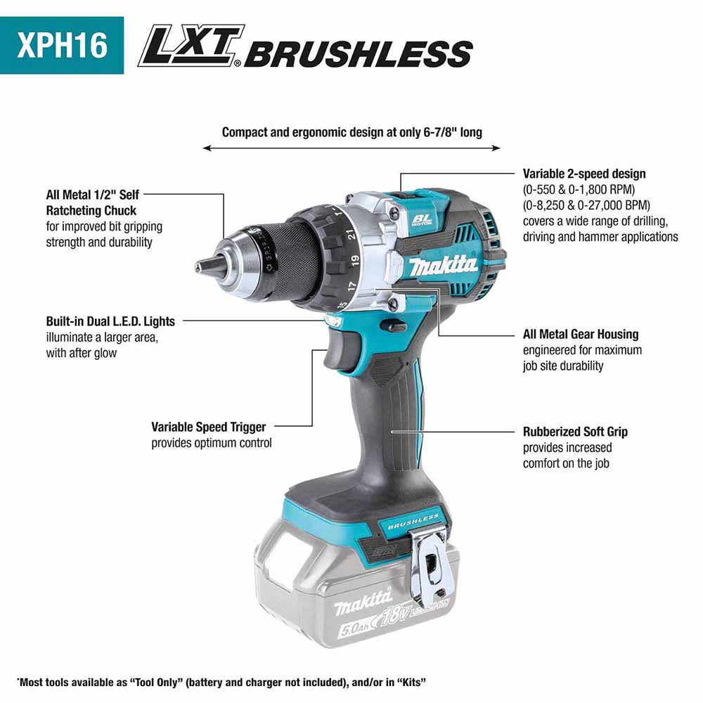 Makita XPH16Z 18V LXT Lithium-Ion Compact Brushless Cordless 1/2" Hammer Driver-Drill, Tool Only - 2