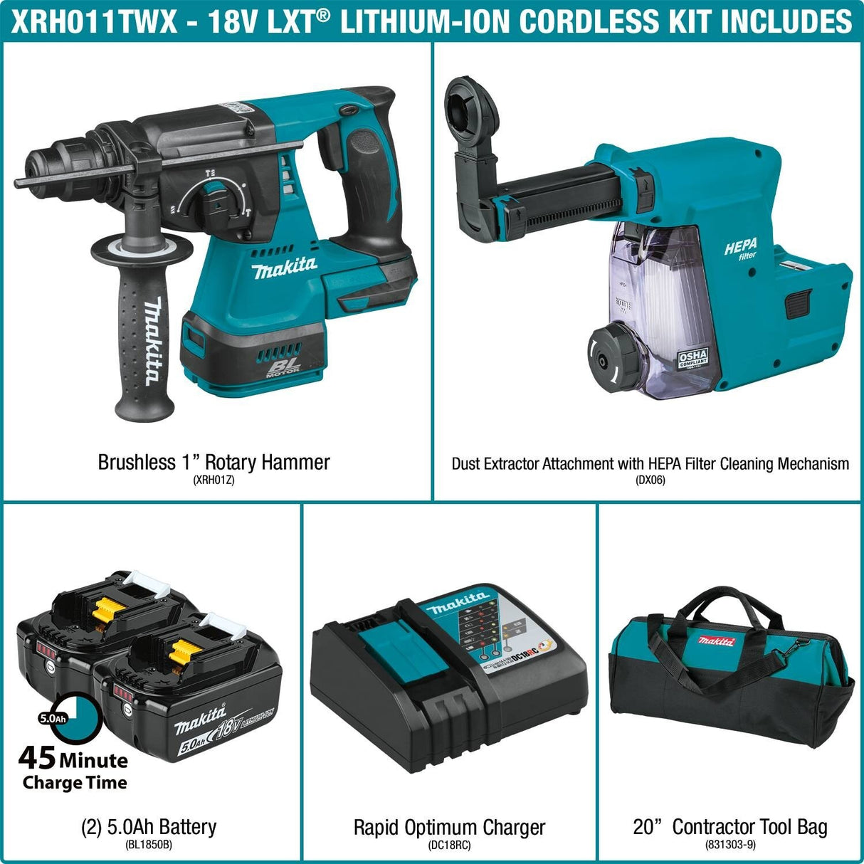 Makita XRH011TWX 18V LXT 1" Rotary Hammer Kit - 4