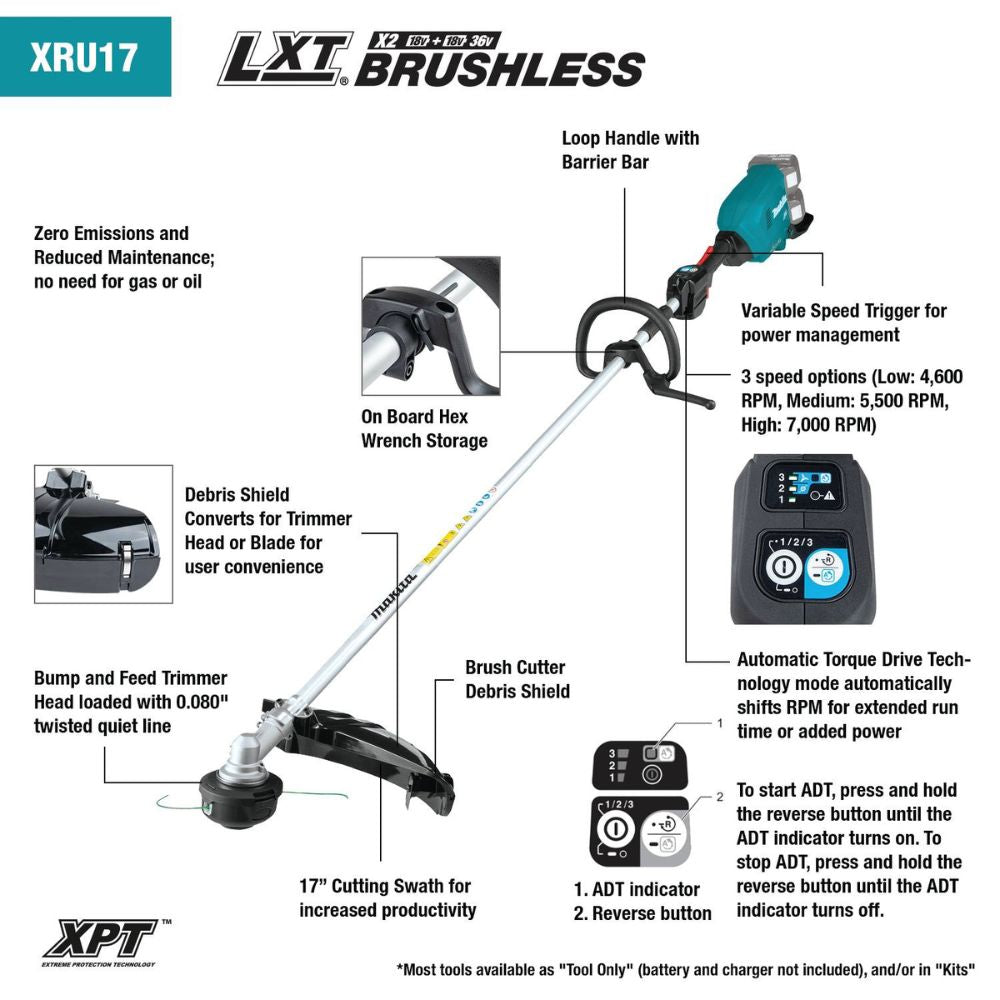 Makita XRU17PT 36V (18V X2) LXT Brushless String Trimmer Kit, dual port charger (5.0Ah) - 2