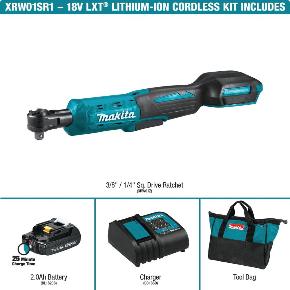 Makita XRW01SR1 18V LXT Lithium-Ion Cordless 3/8" / 1/4" Sq. Drive Ratchet Kit, interchangeable anvils, var. spd., L.E.D. Light, bag, with one battery (2.0Ah) - 8