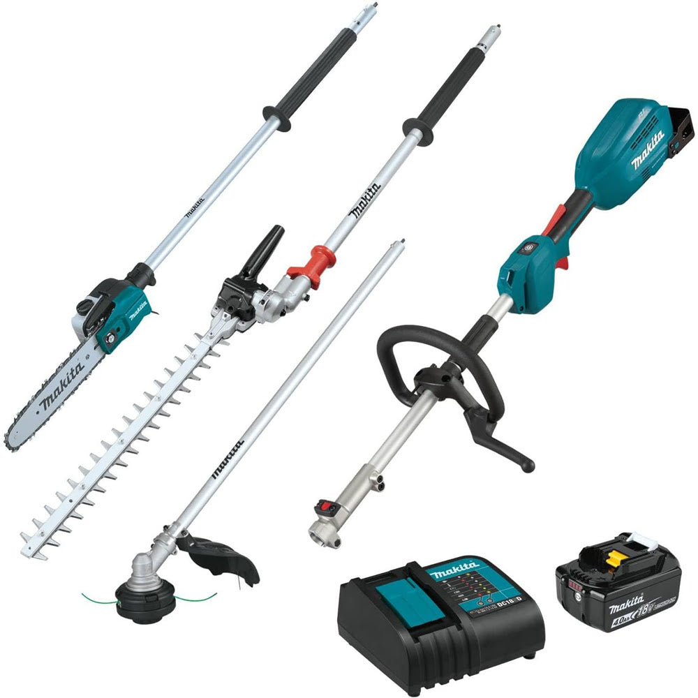 Makita XUX02SM1X5 18V LXT Brushless Couple Shaft Power Head Kit w/ String Trimmer, Pole Saw & Articulating Hedge Trimmer Attachments (4.0Ah)