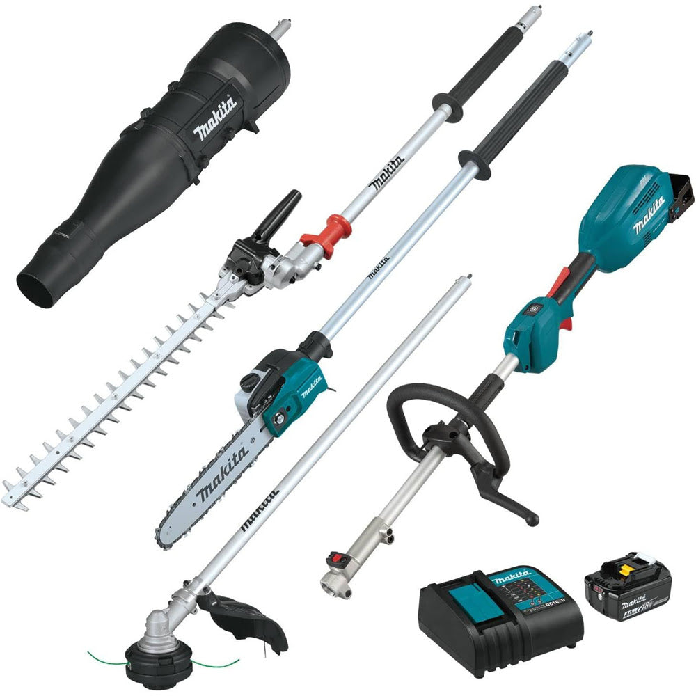 Makita XUX02SM1X6 18V LXT Brushless Couple Shaft Power Head Kit w/ String Trimmer, Pole Saw, Art. Hedge Trimmer & Blower Attachments (4.0Ah)