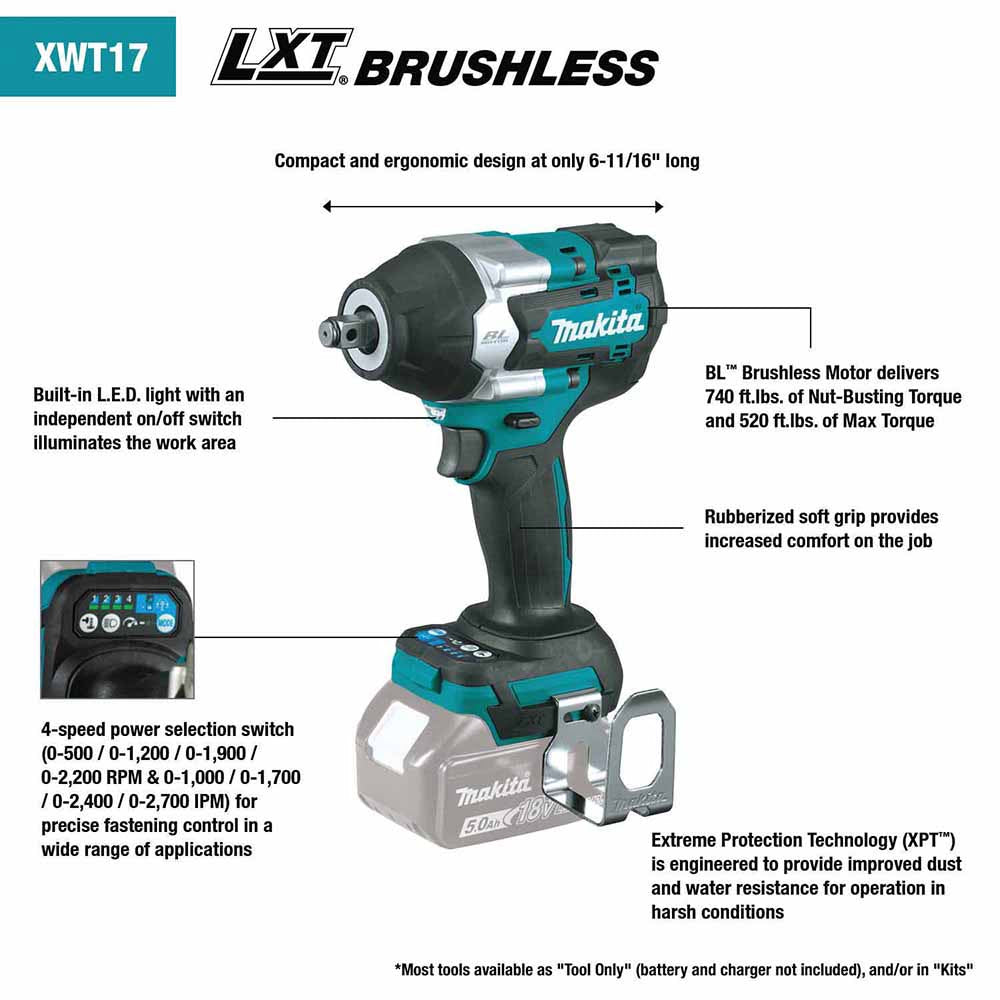 Makita XWT17T 18V LXTBrushless Cordless 4-Speed Mid-Torque 1/2" Sq. Drive Impact Wrench Kit - 2