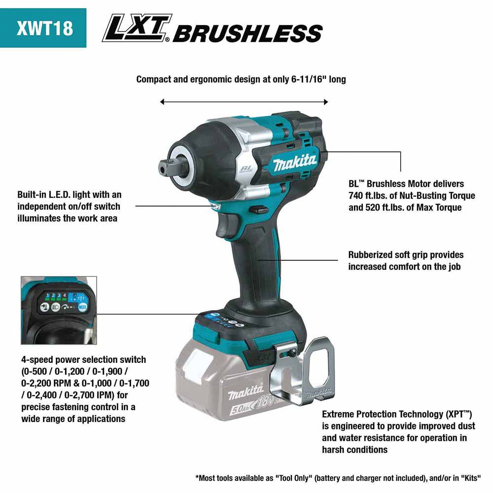 Makita XWT18T 18V LXT Brushless 4-Speed Mid-Torque 1/2" Sq. Drive Impact Wrench Kit w/ Detent Anvil - 2