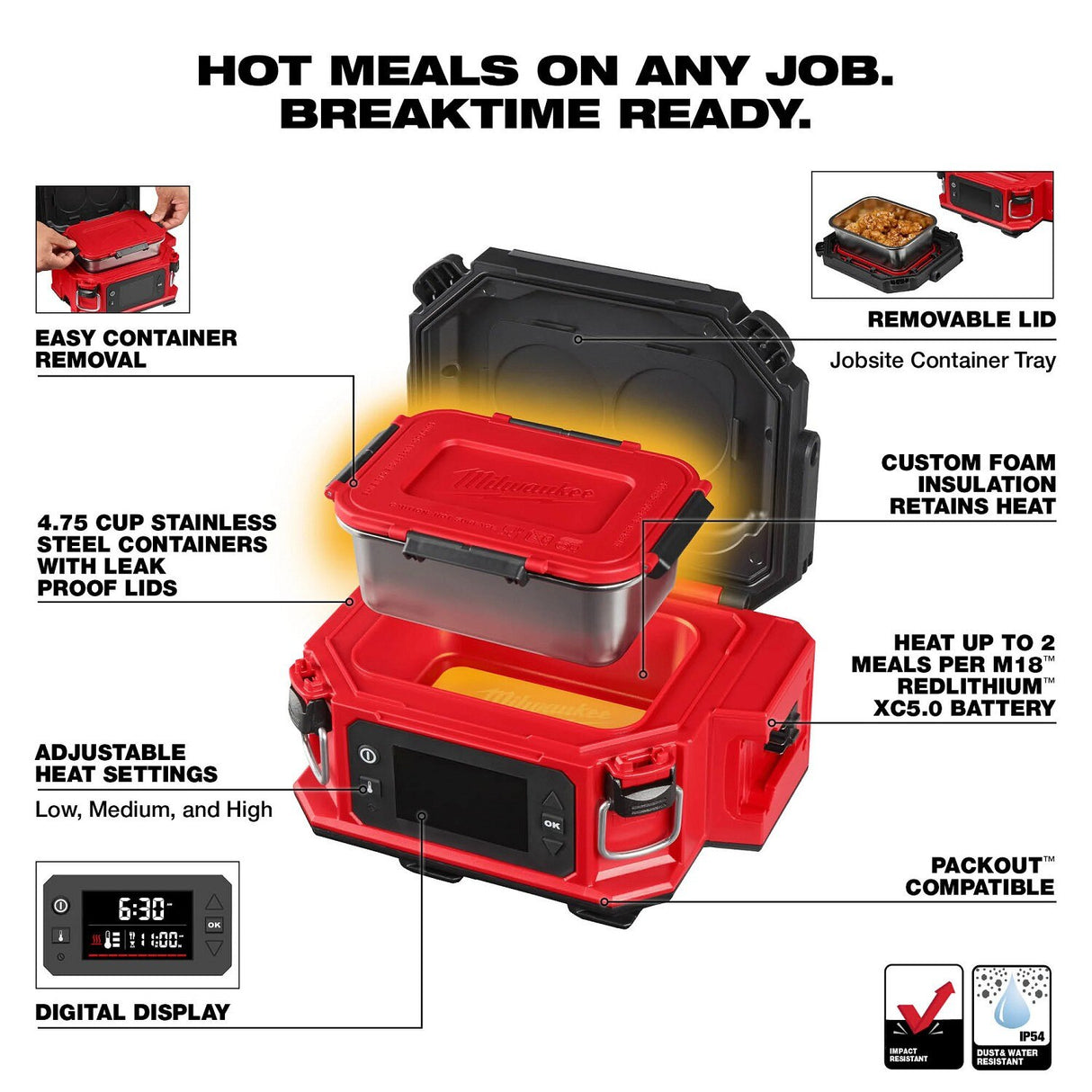 Milwaukee 0811-20 M18 Jobsite Lunch Warmer with Stainless Steel Containers (2 Containers) - 3