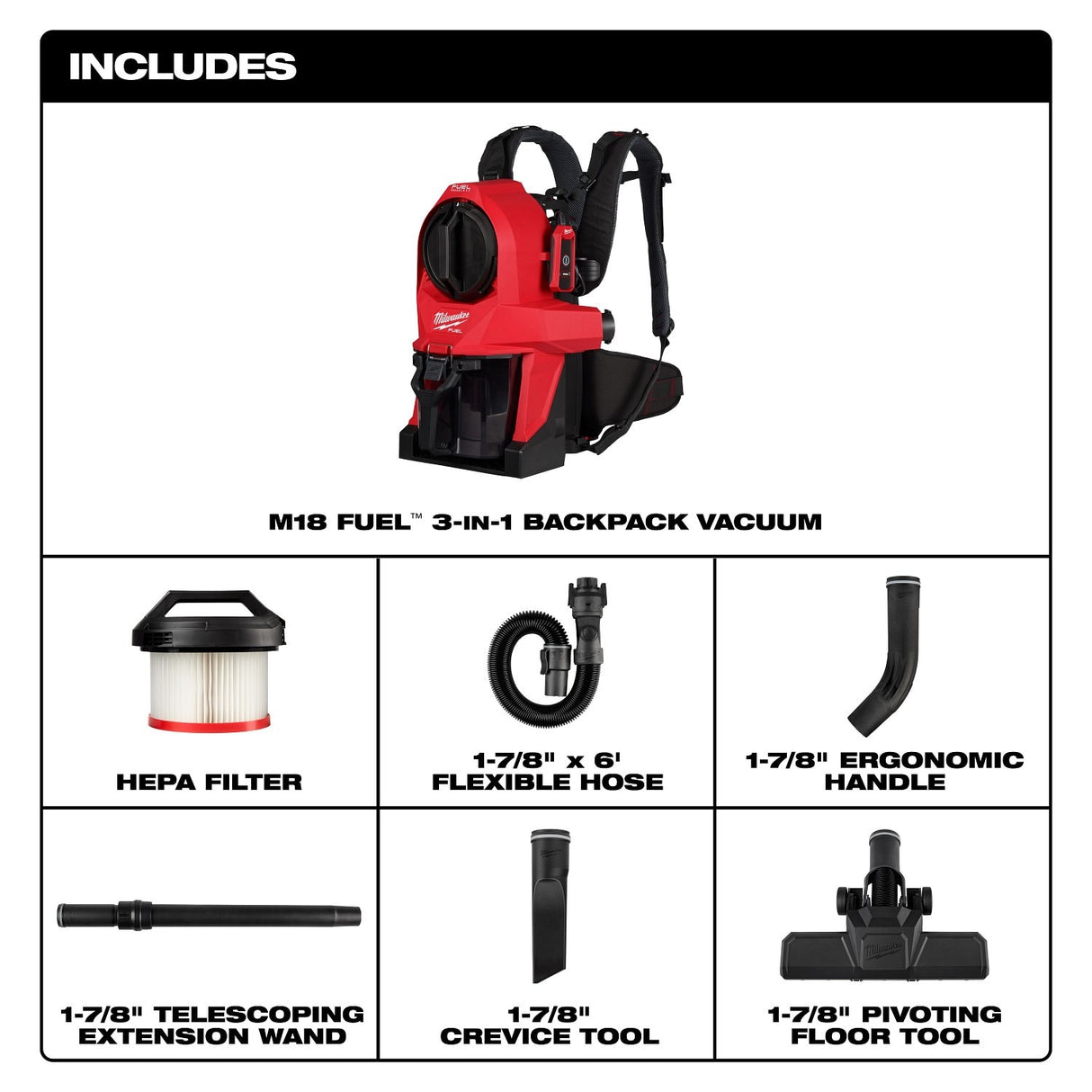 Milwaukee 0895-20 M18 FUEL 3-in-1 Backpack Vacuum with HEPA Filter and Accessories - 3