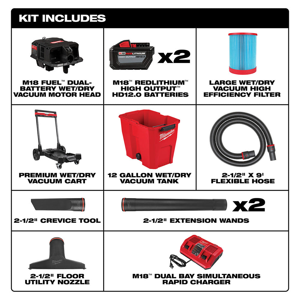 Milwaukee 0930-22HD M18 FUEL 12-Gallon Dual-Battery Wet/Dry Vacuum Kit - 2