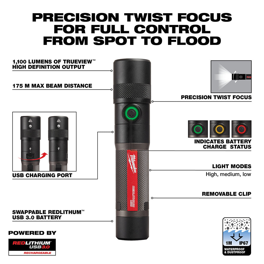 Milwaukee  2161-21 USB RECHARGEABLE 1100L TWIST FOCUS FLASHLIGHT - 3