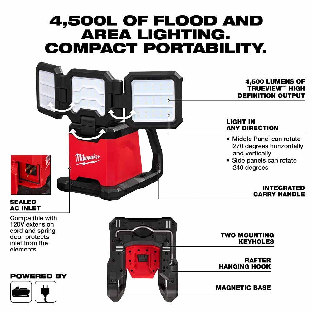 Milwaukee 2368-20 M18 ROVER Dual Power Triple-Panel Flood & Area Light - 2