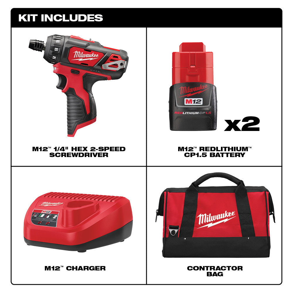 Milwaukee 2406-22 M12 1/4” Hex 2 Spd Screwdriver Kit - 2