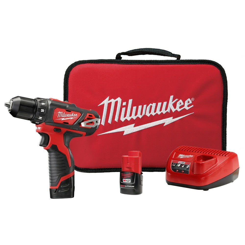 Milwaukee 2407-22 M12 3/8" Cordless Drill Driver Kit with Charger and Carrying Case (2 Batteries)