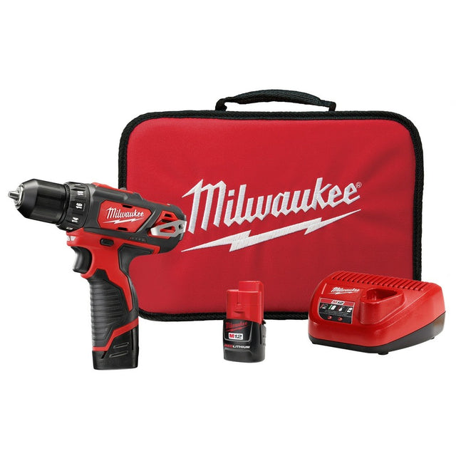 Milwaukee 2407-22 M12 3/8" Cordless Drill Driver Kit with Charger and Carrying Case (2 Batteries)