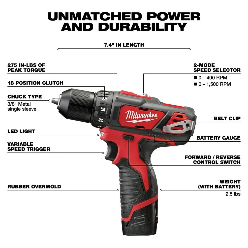 Milwaukee 2407-22 M12 3/8" Cordless Drill Driver Kit with Charger and Carrying Case (2 Batteries) - 3