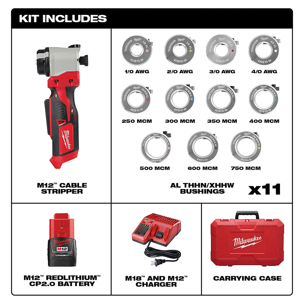 Milwaukee 2435AL-21 M12 Cable Stripper Kit for Al THHN / XHHW - 2