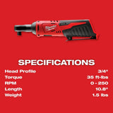 Milwaukee 2457-80 M12 Cordless 3/8" Ratchet Bare Tool Reconditioned - 4