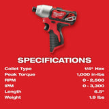 Milwaukee 2462-20 M12 1/4”  Hex Impact Driver  (Bare) - 4