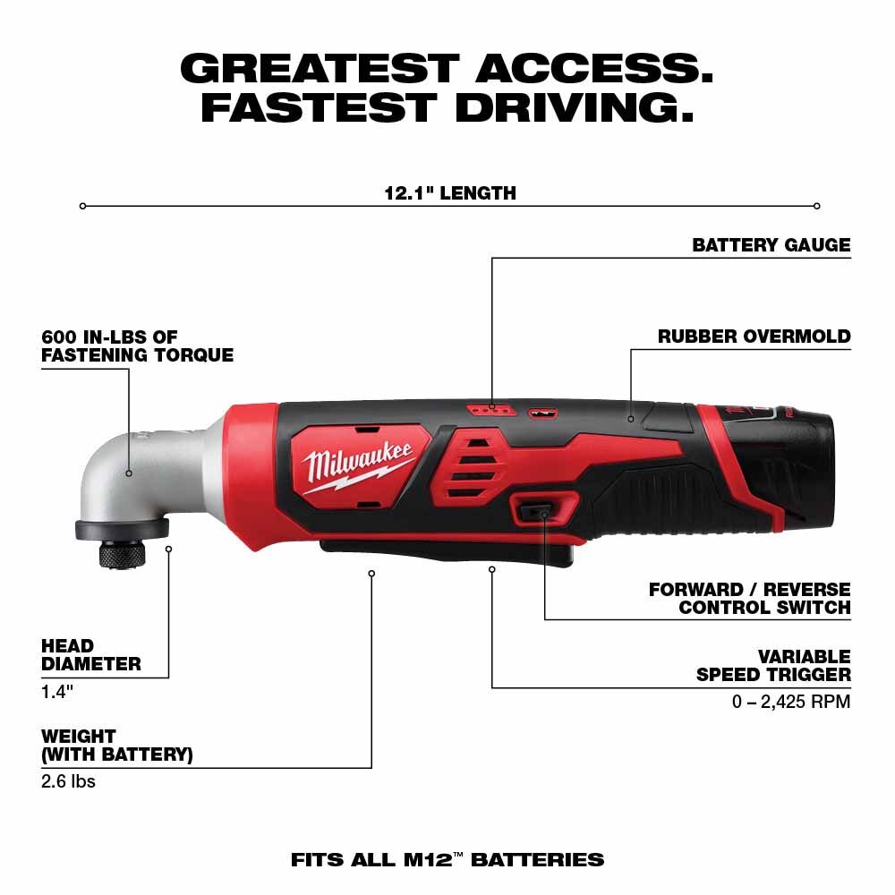 Milwaukee  2467-21 M12 1/4" Hex Right Angle Impact Driver Kit - 3