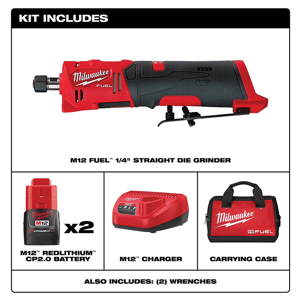 Milwaukee 2486-22 M12 FUEL Straight Die Grinder, 2 Battery Kit - 2