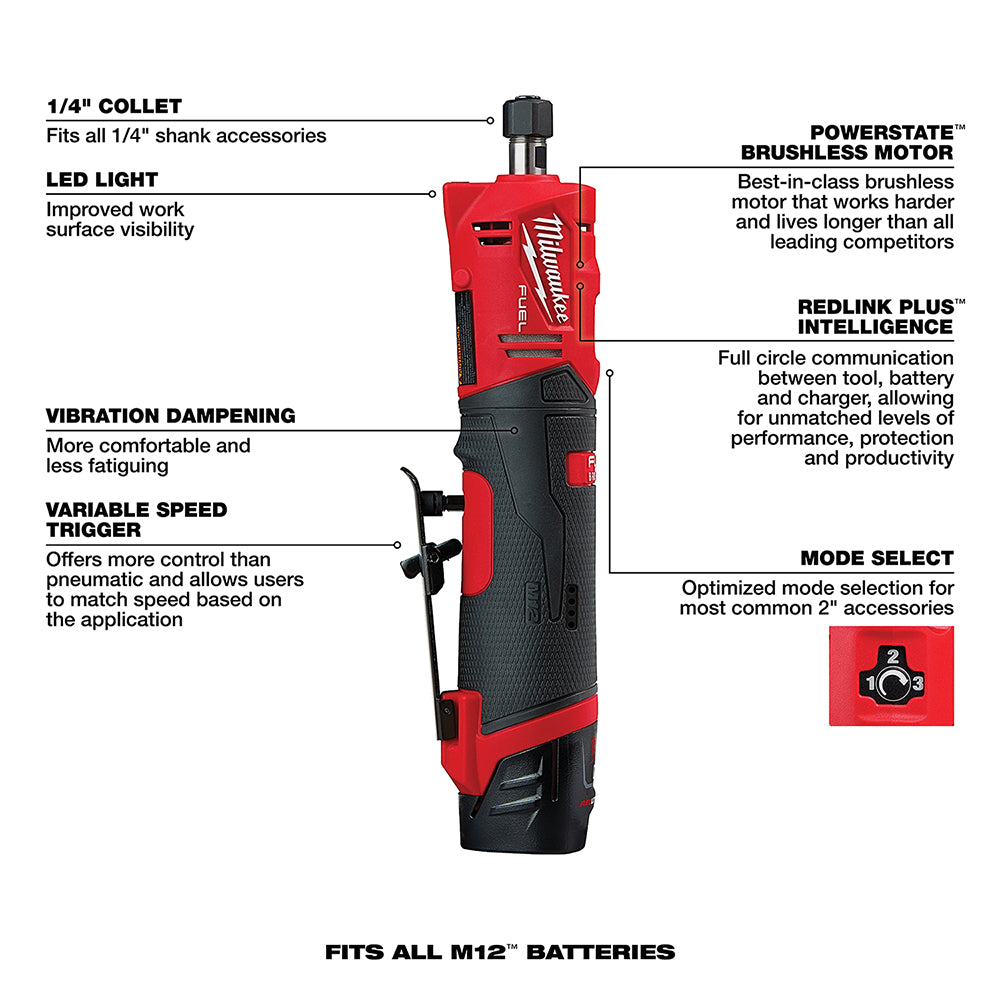 Milwaukee 2486-22 M12 FUEL Straight Die Grinder, 2 Battery Kit - 7