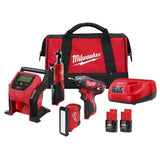 Milwaukee 2492-24 M12 12V Cordless 4-Tool Combo Kit with Screwdriver, Ratchet, Light and Inflator (Two 2.0Ah Batteries)
