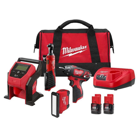 Milwaukee 2492-24 M12 12V Cordless 4-Tool Combo Kit with Screwdriver, Ratchet, Light and Inflator (Two 2.0Ah Batteries)