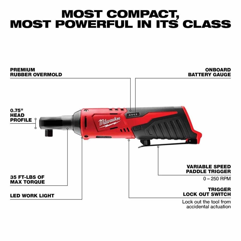 Milwaukee 2492-24 M12 12V Cordless 4-Tool Combo Kit with Screwdriver, Ratchet, Light and Inflator (Two 2.0Ah Batteries) - 4