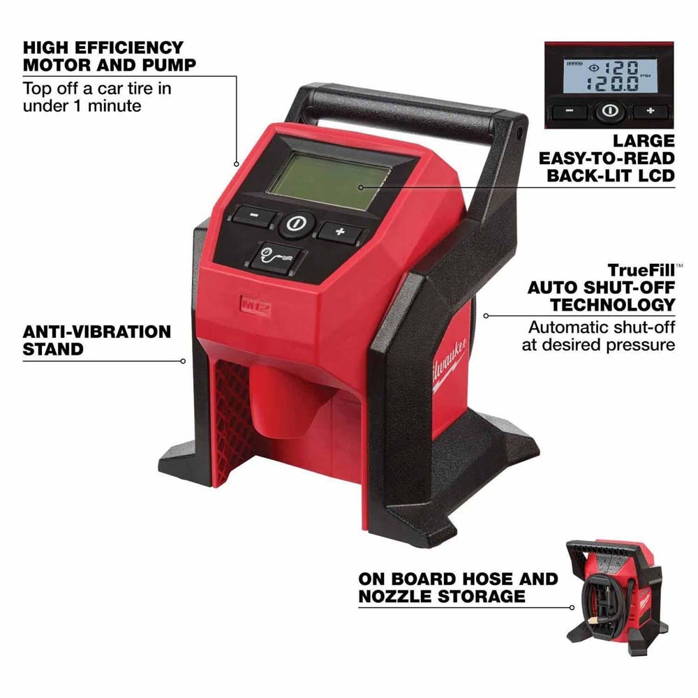 Milwaukee 2492-24 M12 12V Cordless 4-Tool Combo Kit with Screwdriver, Ratchet, Light and Inflator (Two 2.0Ah Batteries) - 6