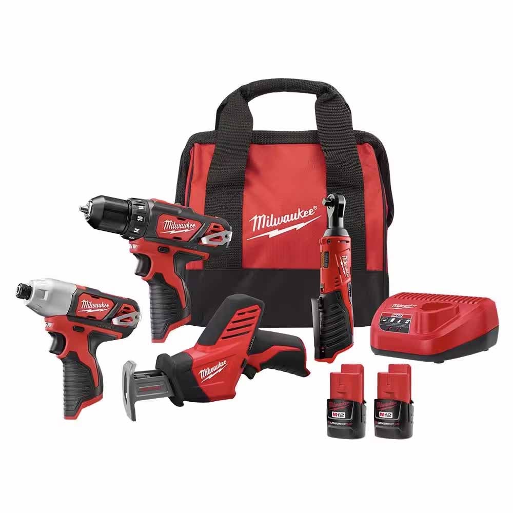 Milwaukee 2497-24B M12 12V Lithium-Ion Cordless Combo Kit (4-Tool) w/(2) 1.5Ah Batteries, (1) Charger, (1) Tool Bag