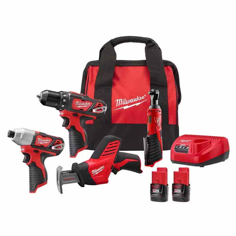 Milwaukee 2497-24B M12 12V Lithium-Ion Cordless Combo Kit (4-Tool) w/(2) 1.5Ah Batteries, (1) Charger, (1) Tool Bag