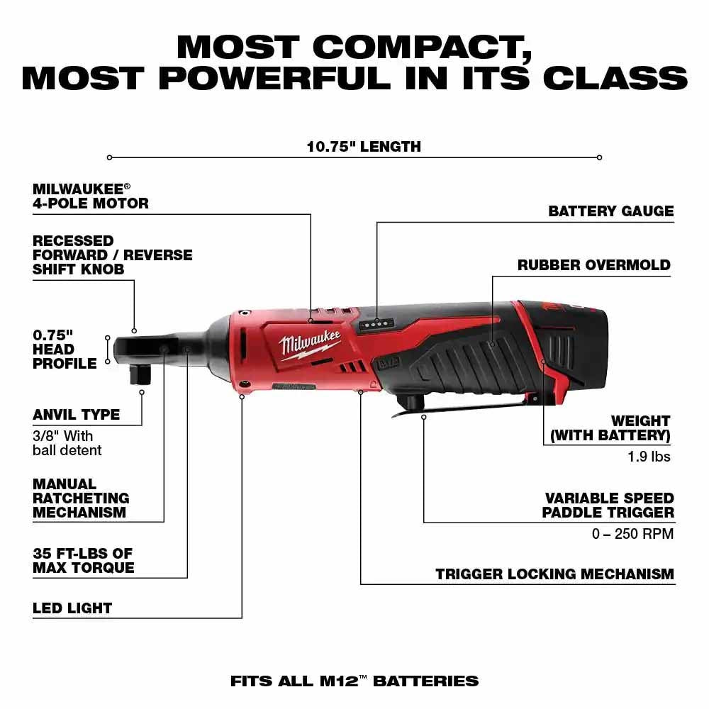 Milwaukee 2497-24B M12 12V Lithium-Ion Cordless Combo Kit (4-Tool) w/(2) 1.5Ah Batteries, (1) Charger, (1) Tool Bag - 5