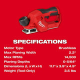 Milwaukee 2524-20 M12 Brushless 2" Planer - 6