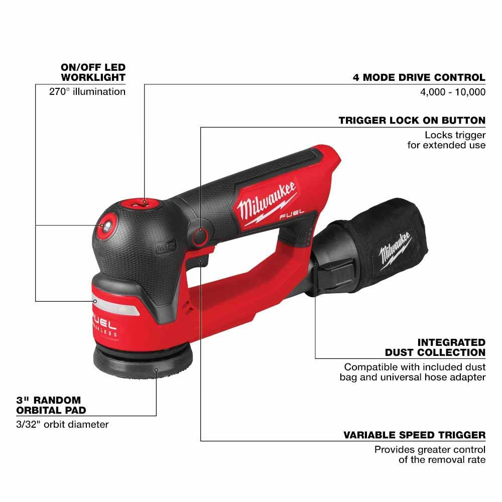 Milwaukee 2535-20 M12 FUEL 3" Random Orbital Detail Sander - 8