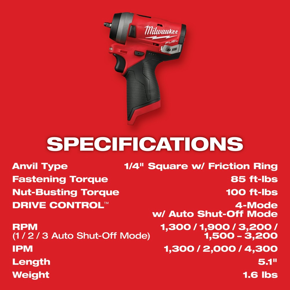 Milwaukee 2552-20 M12 FUEL Stubby 1/4" Impact Wrench - 8