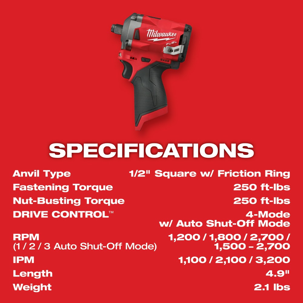 Milwaukee 2555-22 M12 FUEL Stubby 1/2" Impact Wrench Kit - 8