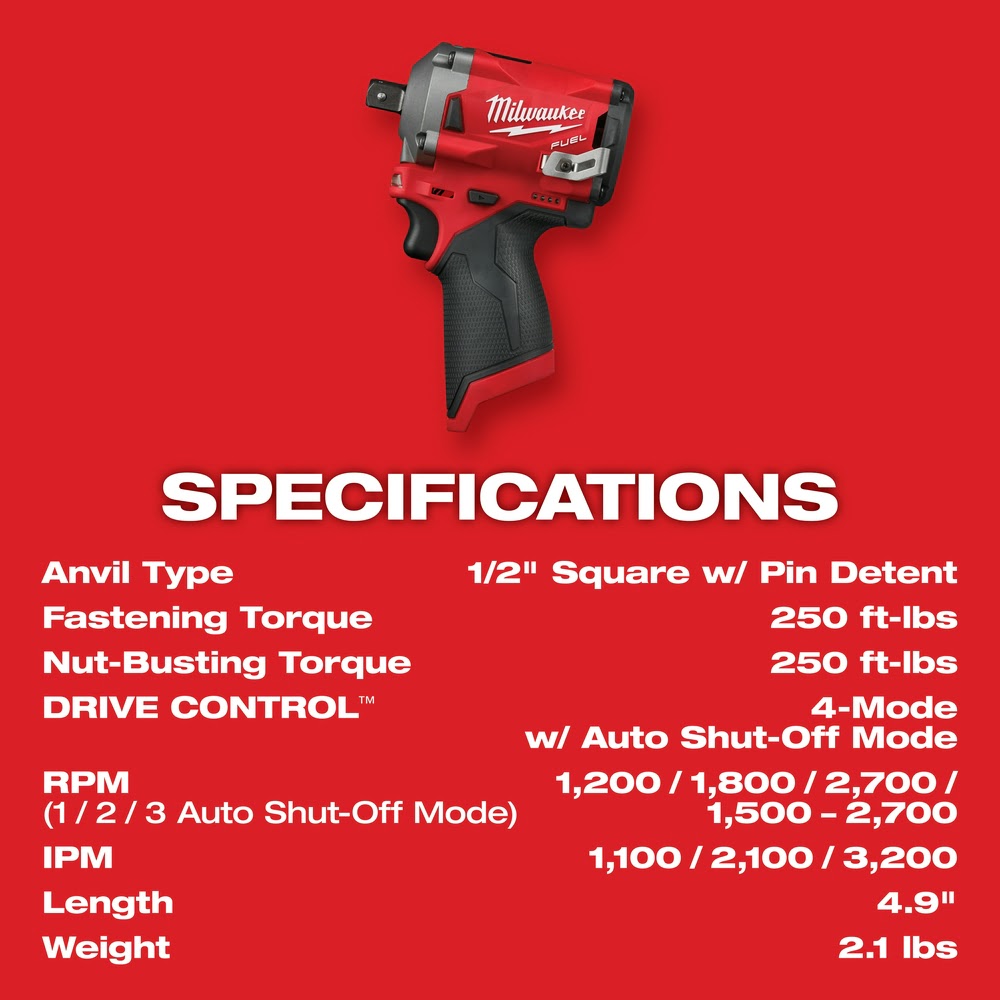 Milwaukee 2555P-20 M12 FUEL Stubby 1/2" Pin Impact Wrench - 8