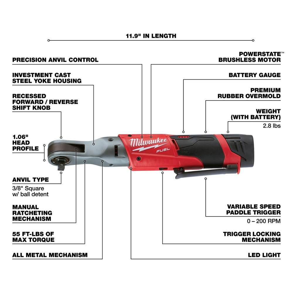 Milwaukee 2557-22 M12 FUEL 3/8" Ratchet 2 Battery Kit - 8