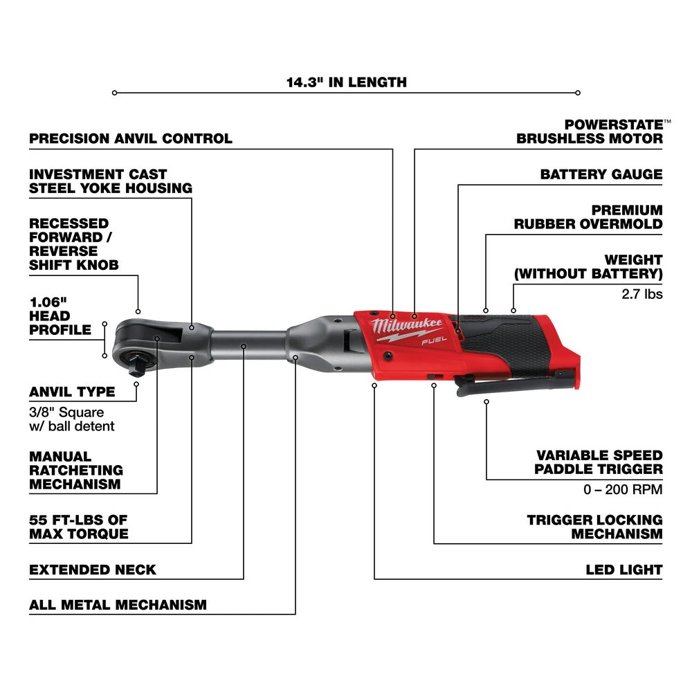 Milwaukee 2560-20 M12 FUEL 3/8" Extended Reach Ratchet Bare Tool - 4