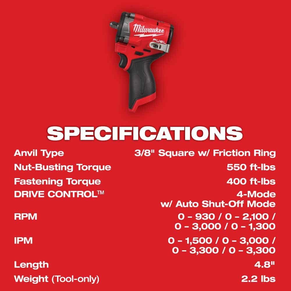 Milwaukee 2562-20 M12 FUEL Stubby 3/8" Impact Wrench - 7