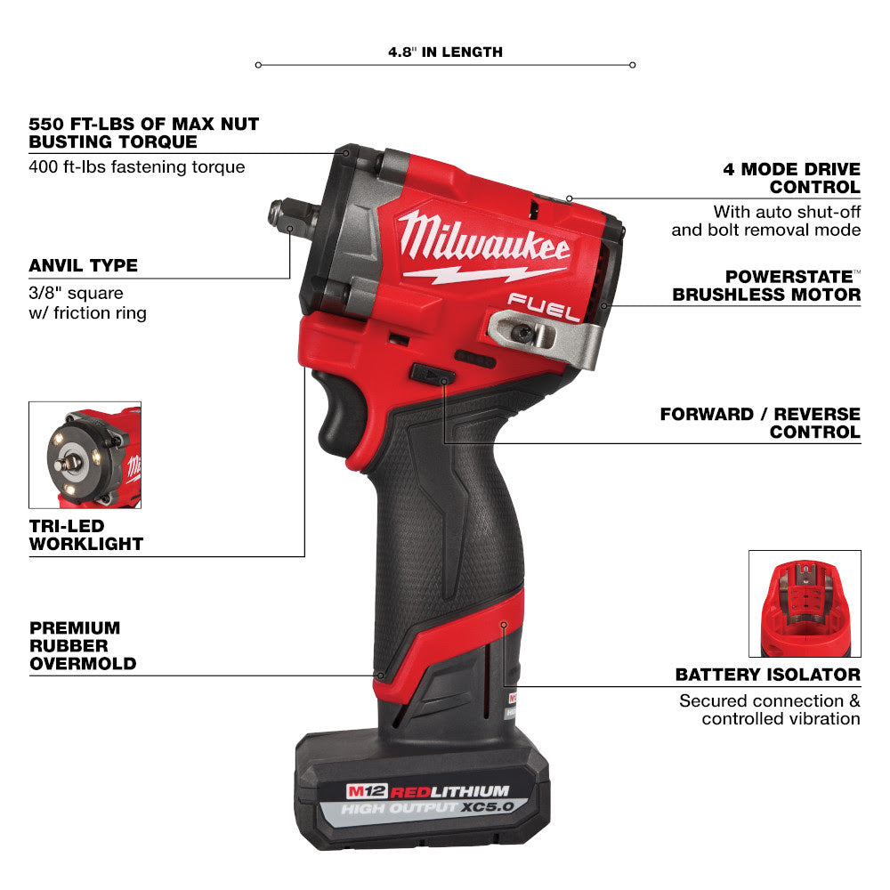 Milwaukee 2562-21 M12 FUEL Stubby 3/8" Impact Wrench Kit - 4