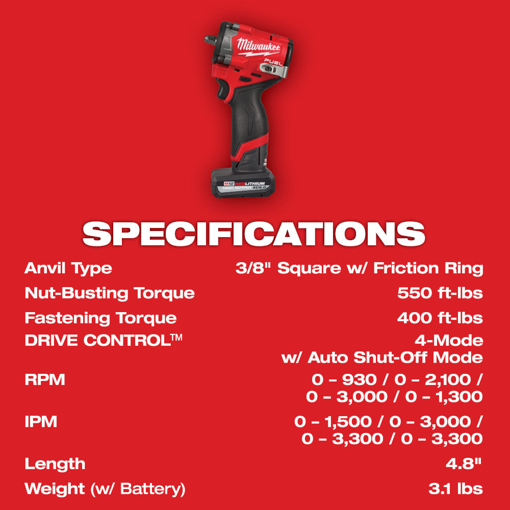 Milwaukee 2562-21 M12 FUEL Stubby 3/8" Impact Wrench Kit - 8