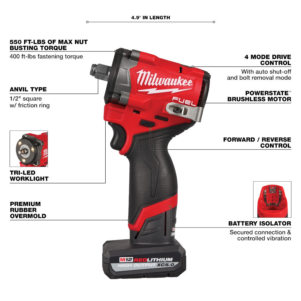 Milwaukee 2563-22 M12 FUEL Stubby 1/2" Impact Wrench Kit - 4