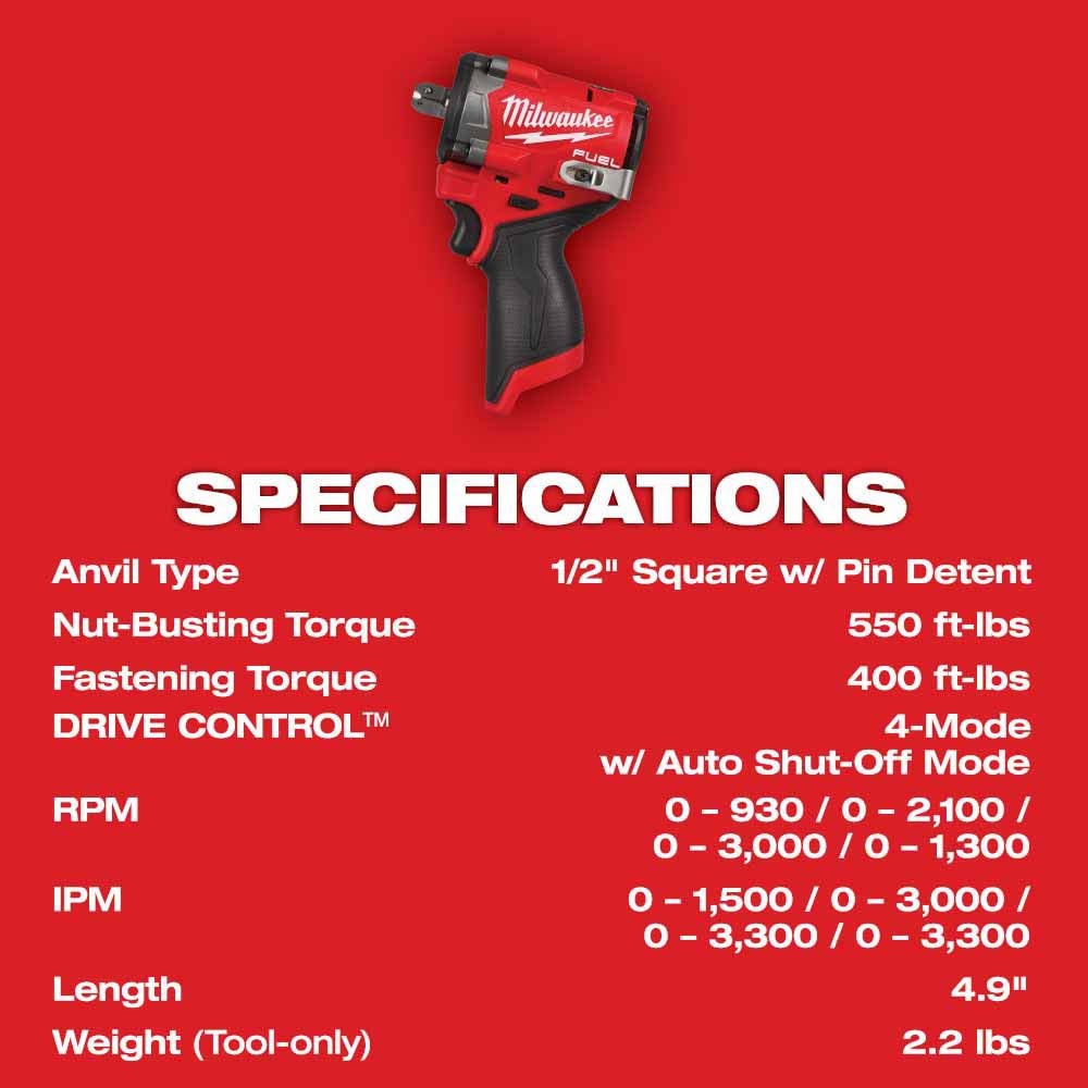 Milwaukee 2563P-20 M12 FUEL Stubby 1/2" Impact Wrench w/ Pin Detent - 7