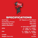 Milwaukee 2563P-20 M12 FUEL Stubby 1/2" Impact Wrench w/ Pin Detent - 7