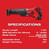 Milwaukee 2621-20 M18 SAWZALL Reciprocating Saw (Bare Tool) - 4