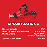 Milwaukee 2625-20 M18 18-Volt Hackzall Cordless One-Handed Reciprocating Saw (Tool Only, No Battery) - 4