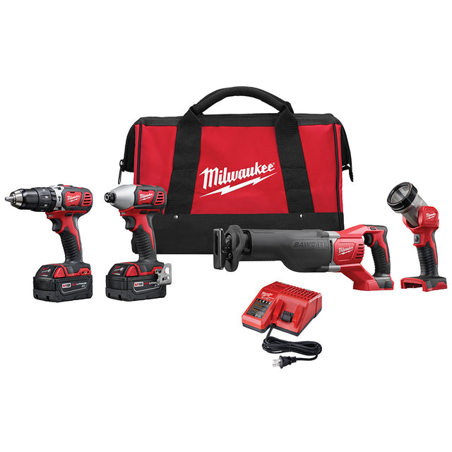 Milwaukee 2696-24 M18 Cordless Combo Compact Hammer Drill/Sawzall/1/4 Hex Impact Driver/Work Light/Charger/2 Battery